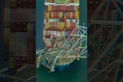 Twisted container crane collapsed over stacked shipping containers on a cargo ship, showing risken for 1.