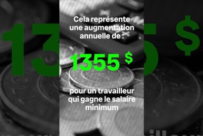 Graphic showing coins, a calculator and the phrase 'salaire minimum' with a highlighted 1355$ annual increase.