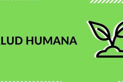 Green banner with bold text and sprout icon promoting salud humana 1.