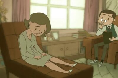 Animated woman on a therapy couch looking distressed while a therapist takes notes for salud mental 9