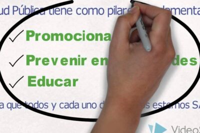 Hand circling Spanish text listing Promocionar, Prevenir, Educar with check marks, salud publica 4