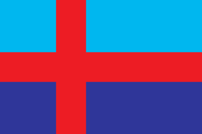 Abstract flag-like composition with cyan top, navy bottom and a centered red cross labeled samma sak