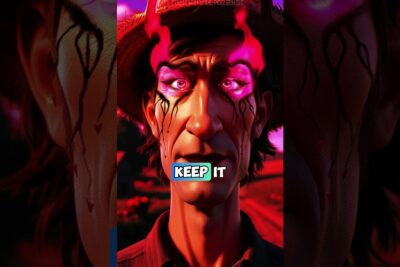 Surreal 3D portrait of a man with glowing pink eyes, black vein-like face markings and a 'KEEP IT' label suggesting sanning moral