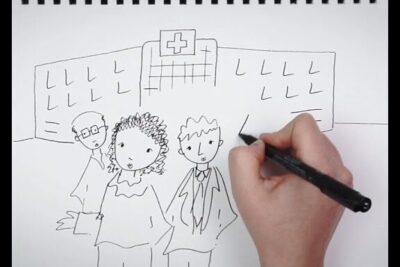 Hand-drawn sketch of three people standing outside a hospital with a visible artist's hand drawing, sante humaine 2.