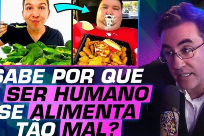 Colorful collage thumbnail showing a person eating avocados, a person with messy fast food, and a podcast host at a microphone discussing saude humana 1