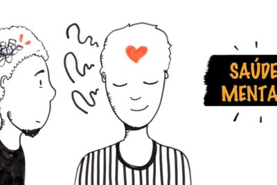 Two hand-drawn figures show anxiety and calm with a heart symbol and the words saude mental