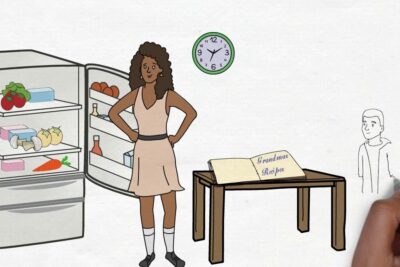 Illustrated woman standing by an open refrigerator and a recipe book considering scelte ecologiche 1.
