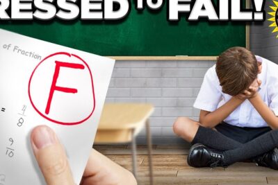 A young student in school uniforms sits on the classroom floor covering his face next to a graded test marked with a red F.