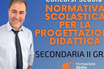 Smiling instructor beside a blue course banner reading Normativa Scolastica for scuola secondaria.