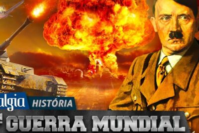 Dramatic wartime collage showing a tank, mushroom cloud, warplane and uniformed leader portrait labeled segunda guerra 3.