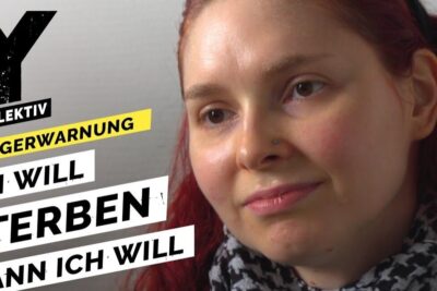Close-up of a young woman with red hair and a nose stud next to bold German text about selbstbestimmung lebensende.