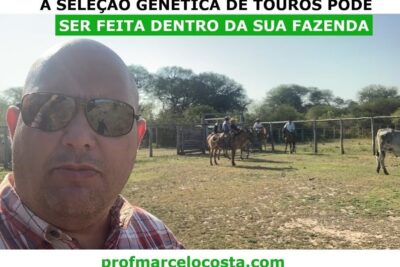 Selecao genetica 1 showing a man taking a selfie at a cattle ranch with riders, corrals and grazing cows in the background.