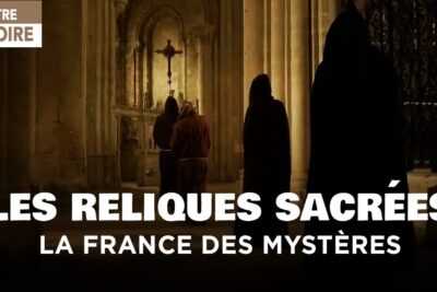 Hooded monks gathered before a crucifix in a dim Gothic church evoking sensationelle historier.
