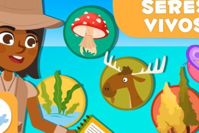 Illustrated educator with icons of a mushroom, moose, seaweed, trees and microscopic life representing seres vivos 4.