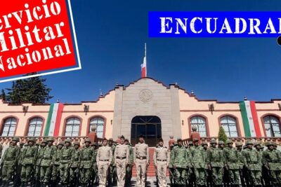 Group of uniformed military personnel standing in formation outside a civic building with tricolor banners, servicio militar 4.