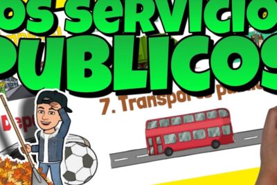 Colorful infographic labeled servicios publicos 5 showing a bus, a worker raking leaves, a soccer ball and hand-drawn public service icons.