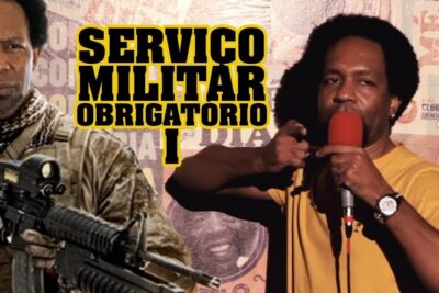 A man shown both in combat gear with a rifle and on stage with a microphone, labeled servico militar 3