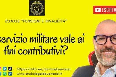 Bright yellow thumbnail reading 'Il servizio militare vale ai fini contributivi?' with a smiling presenter promoting servizio militare 2 and pension guidance