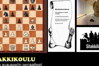 Chessboard, lesson notes and instructor image illustrating shakin pelaaminen.