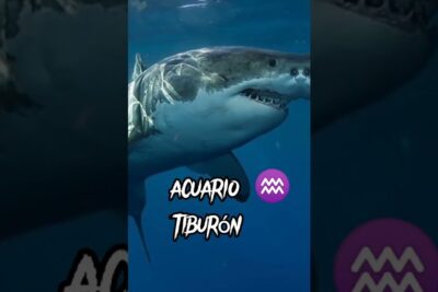 Underwater shark with purple Aquarius symbol and stylized text referencing signos zodiacales