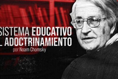 Black-and-white portrait next to a bold red banner with Spanish text referencing sistema educativo 4 and indoctrination
