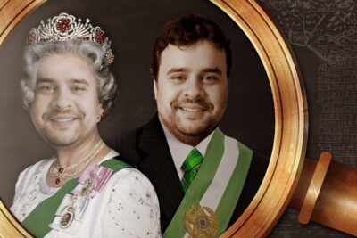 Montage portrait showing the same man styled as a queen and as a president wearing a green sash, representing sistema governo 1.