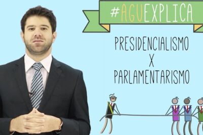 Presenter and cartoon tug-of-war illustrating presidentialism vs parliamentarism in a sistema governo comparison.
