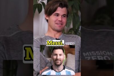 Layered portrait of two smiling men with inset photo and visible "Messi." label for sjakk sport