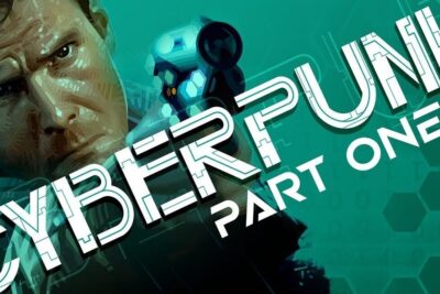 Futuristic cyberpunk artwork with a stern face and neon typography that skiljer fran classic sci-fi imagery.