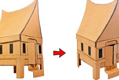 Cardboard house model on stilts with steep roof shown before and after assembly for skoluppgifter ar.