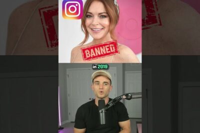 Split image of a woman stamped BANNED above a male podcaster at a microphone for social media 27.