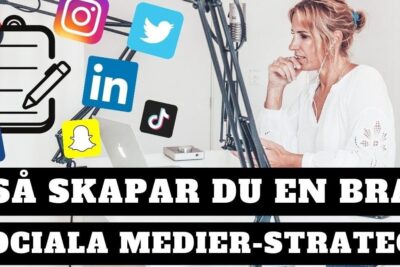 Person at a desk with microphone, laptop and floating social media icons planning content, sociala medier 12.