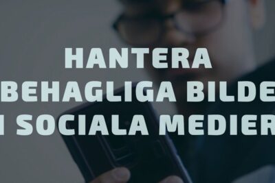 Blurred person holding a smartphone with a bold Swedish headline about handling unpleasant images in sociala medier 13.