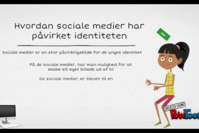 Slide illustrating how social platforms influence identity with a cartoon girl and the phrase sociale medier 14