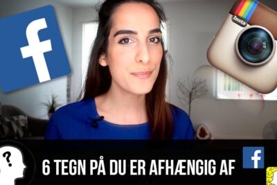 Female presenter in a blue top with Facebook and Instagram icons and Danish headline about social media dependency, sociale medier 18.