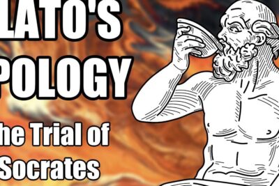 Banner reading Plato's Apology and The Trial of Socrates with a classical bearded figure drinking from a cup, socrates trial 1