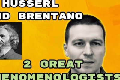 Thumbnail with two philosopher portraits, bold headline about phenomenologists and sokrates forsvar on a yellow background.