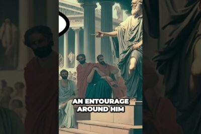 Bearded robed philosopher standing on marble steps addressing seated entourage and crowd, sokrates rattegang 1