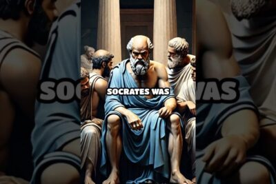 Classical statue of a seated bearded philosopher among peers with text overlay, evoking sokrates retssag.