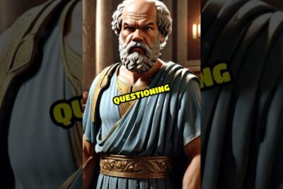 Bearded classical philosopher figure in draped robes under a 'QUESTIONING' overlay, sokrates rettssak 3