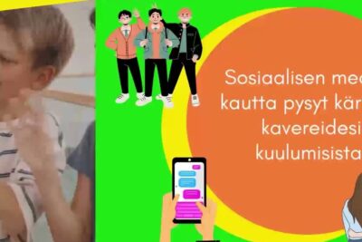 Colorful split image with smiling children, illustrated teens, a smartphone with chat bubbles and the phrase sosiaalisen median 10
