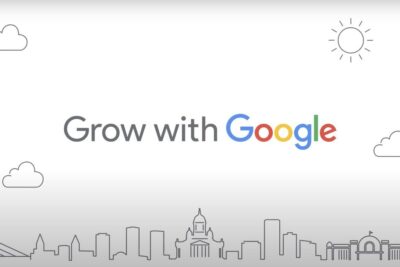 Grow with Google header graphic with minimalist city skyline, clouds and sun for sosiaalisen median 11.