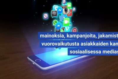 Smartphone projecting floating social media icons representing sosiaalisen median 14 campaigns and customer engagement.