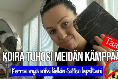 Person holding a damaged tablet with a chewed corner, bold Finnish text overlay and crossed-out social media icons, sosiaalisen median 8