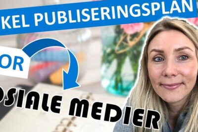 Smiling woman close-up with bold overlay text and arrow graphics promoting a simple publishing plan for sosiale medier 14.