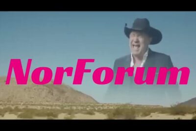 Promotional still showing large pink NorForum lettering across a desert scene with a semi-transparent man in a cowboy hat, representing sosialt nettverk 2.