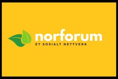 Green leaf Norforum logo on bright yellow background representing sosialt nettverk 3.