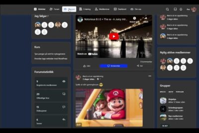 Dark-themed social network dashboard with activity feed, video embed, member widgets and groups — sosialt nettverk 4