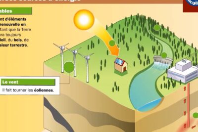 Diagram of a landscape showing sources denergie: wind turbines, solar panels on a house, a hydropower dam, geothermal activity and power lines.