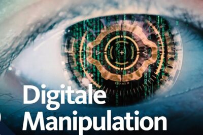 Close-up eye with digital HUD overlay and code elements, sozialen medien 8